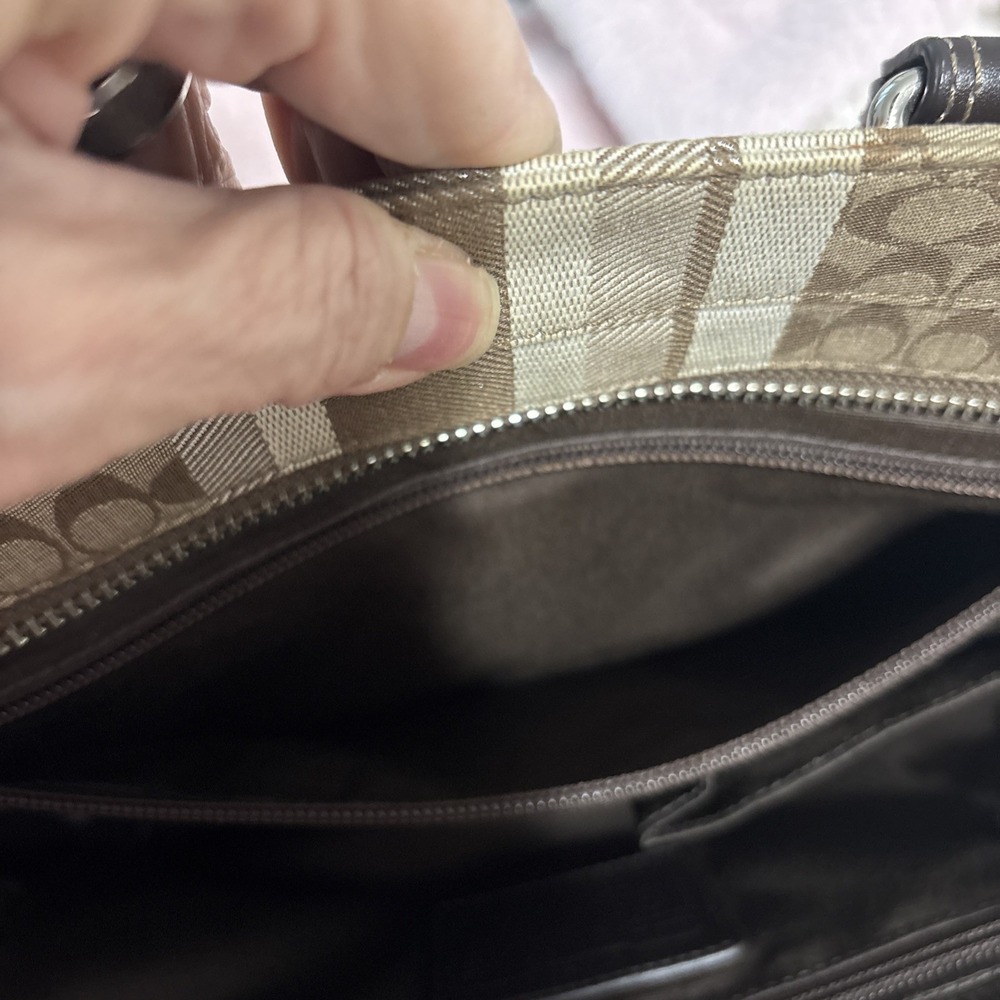 Coach Candace Carry 19915 Signature Stripe Khaki Brown Canvas Leather Bag - Picture 10 of 14